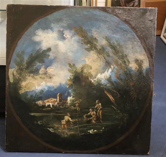 Follower of Alessandro Magnasco (1667-1749) Figures in stormy landscapes 29 x 29in., unframed